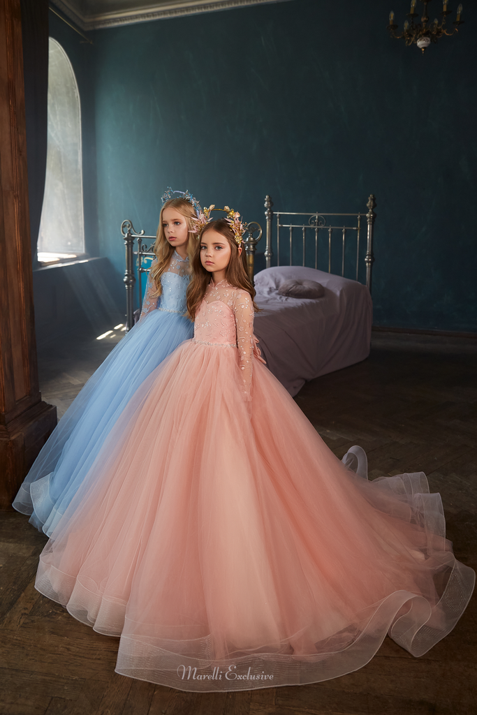 Pentelei 3142 royal blue elegance: princess dresses with lace sleeves  | Girls Formal Dress