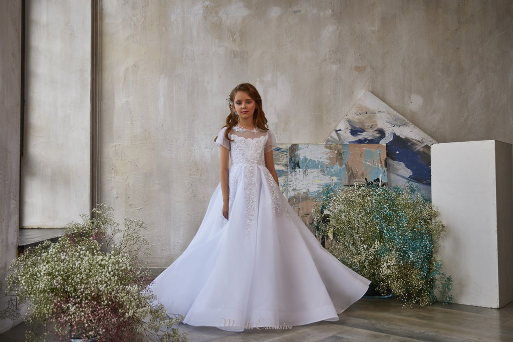 Pentelei 3235 springtime princess elegance in white flare tulle gown  | Girls Formal Dress