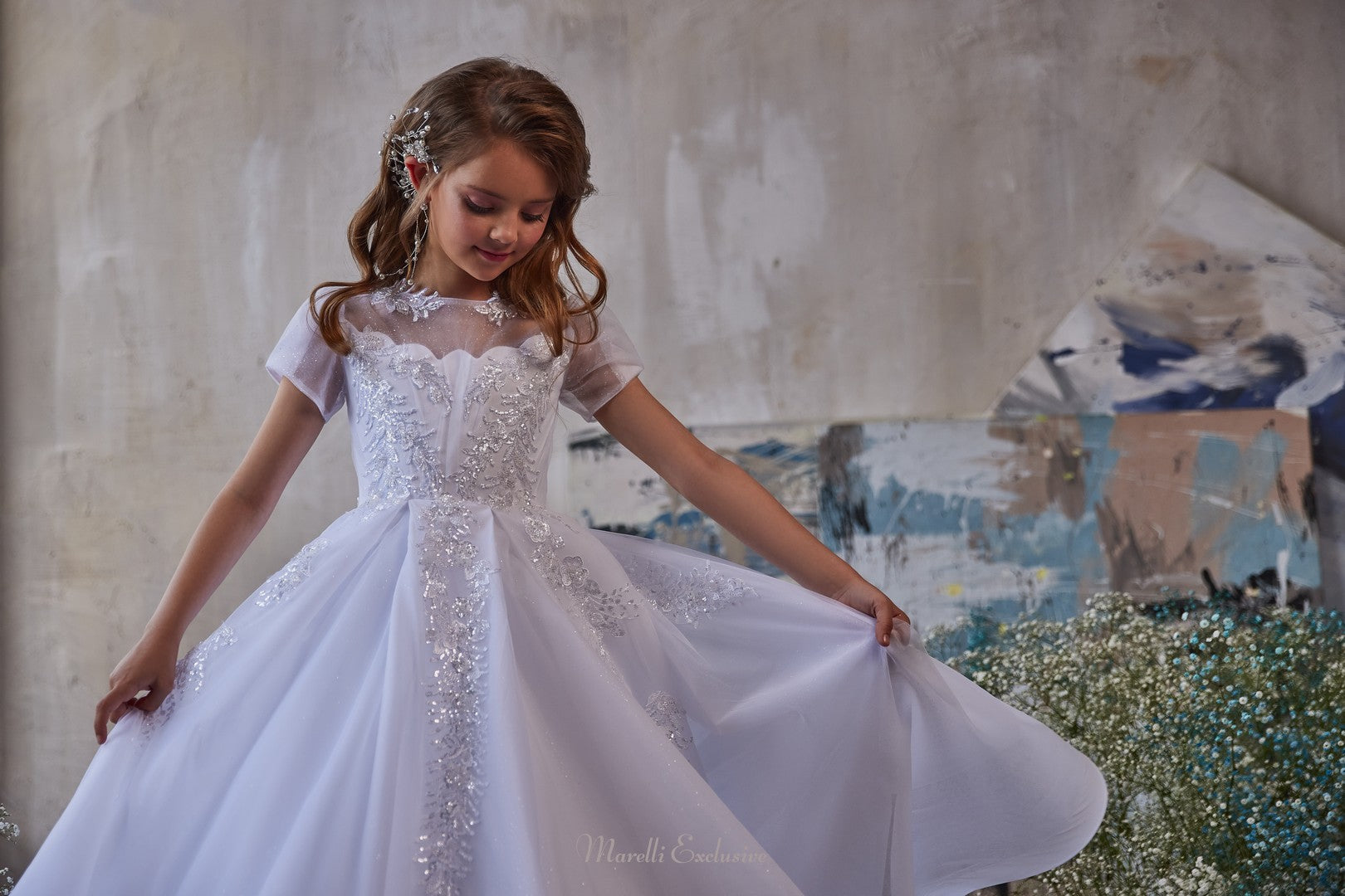 Pentelei 3235 springtime princess elegance in white flare tulle gown  | Girls Formal Dress