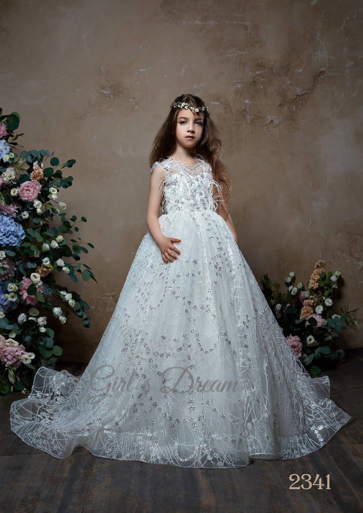 Pentelei 2341 Formal Dress with Feather Accents and Button Back | Girls Formal Dress