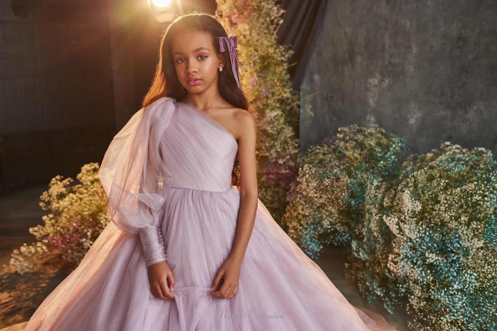 Pentelei 3203 demure look with sheer long sleeve and pleated skirt  | Girls Formal Dress