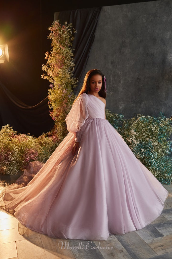 Pentelei 3203 demure look with sheer long sleeve and pleated skirt  | Girls Formal Dress