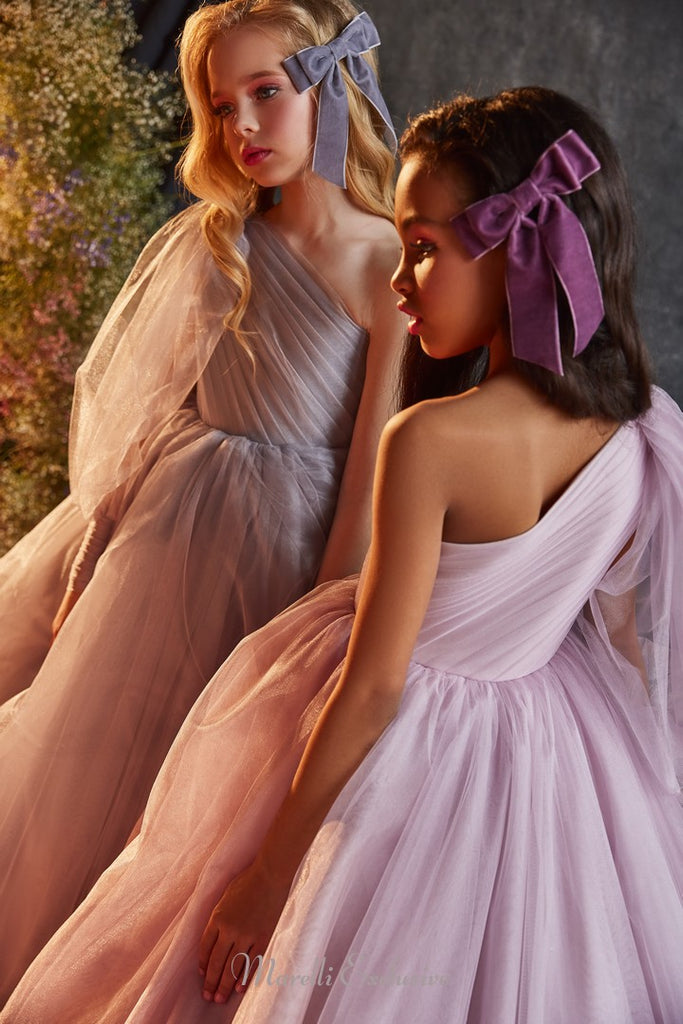 Pentelei 3203 demure look with sheer long sleeve and pleated skirt  | Girls Formal Dress