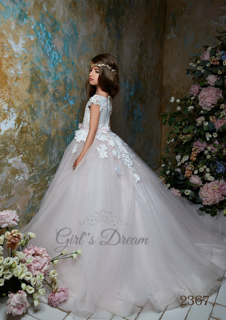 Pentelei 2367 a-line gown with crochet lace bodice and glittering tulle skirt  | Girls Formal Dress
