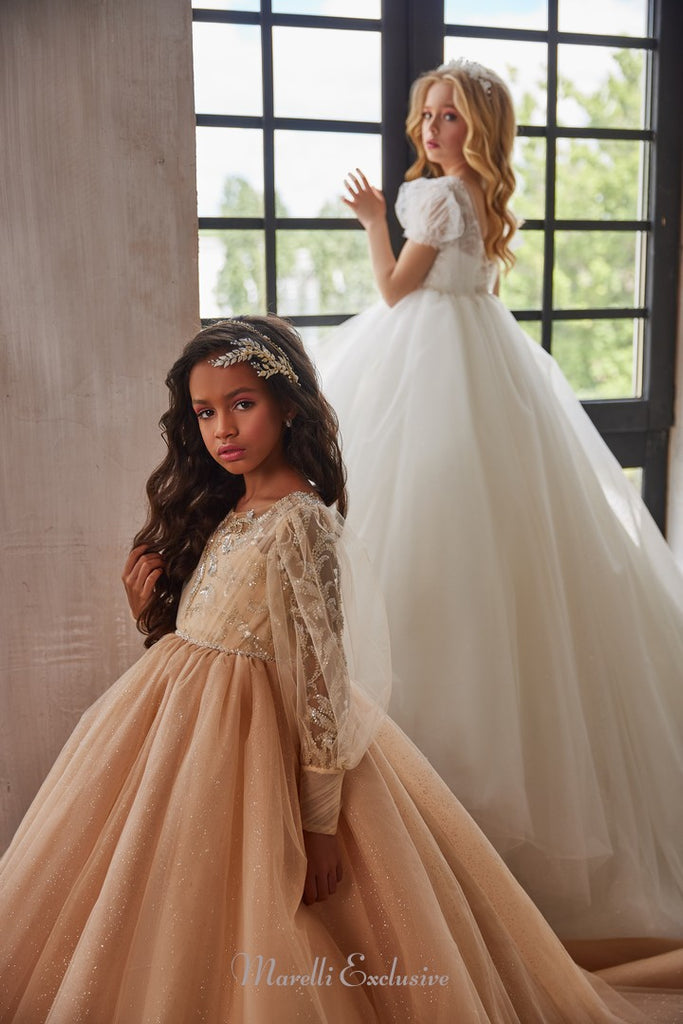 Pentelei 3202 ruffled sleeve beauty with embellished jewel bodice  | Girls Formal Dress