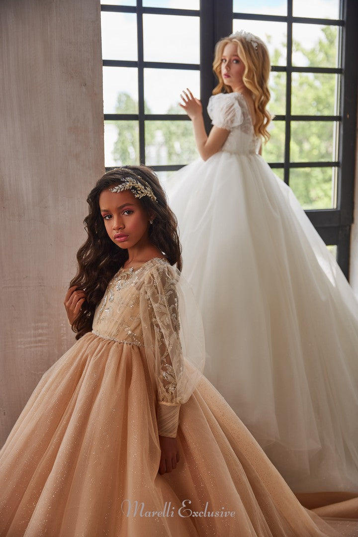 Pentelei 3202 ruffled sleeve beauty with embellished jewel bodice  | Girls Formal Dress