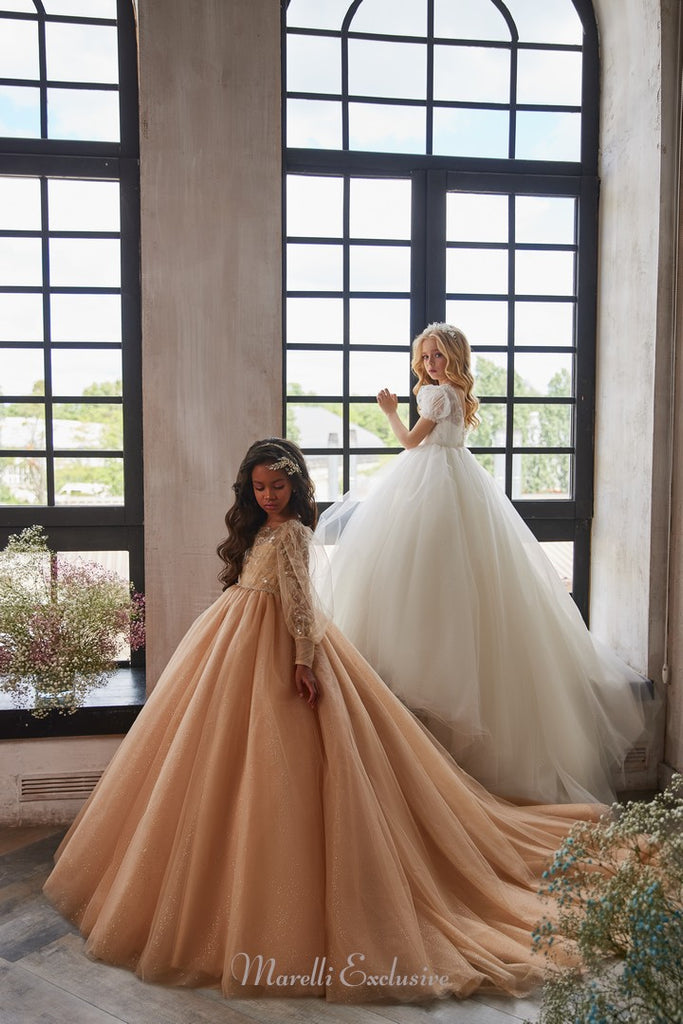 Pentelei 3202 ruffled sleeve beauty with embellished jewel bodice  | Girls Formal Dress