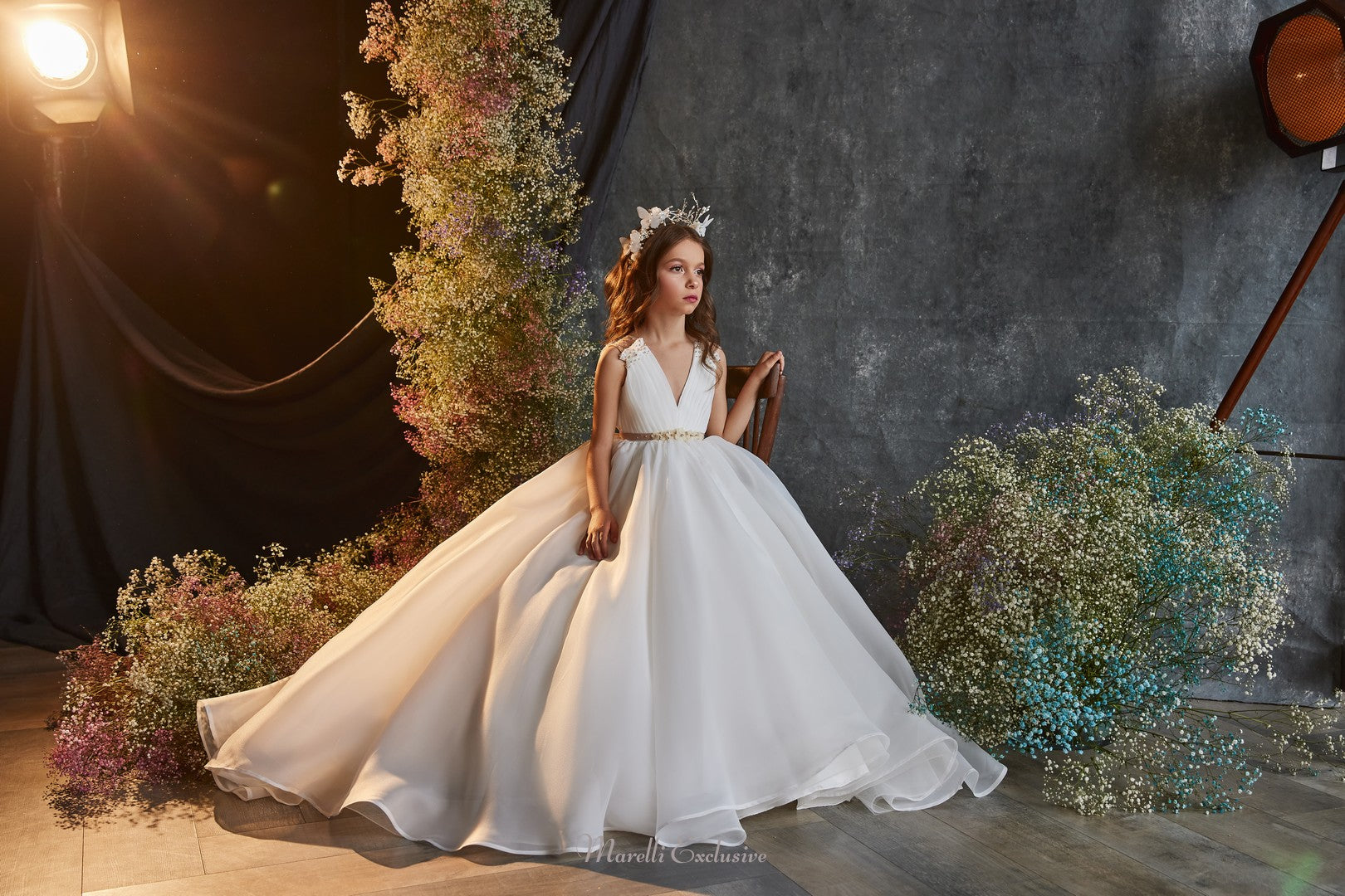 Pentelei 3229 handmade gown with gold detailing and butterfly crown  | Girls Formal Dress