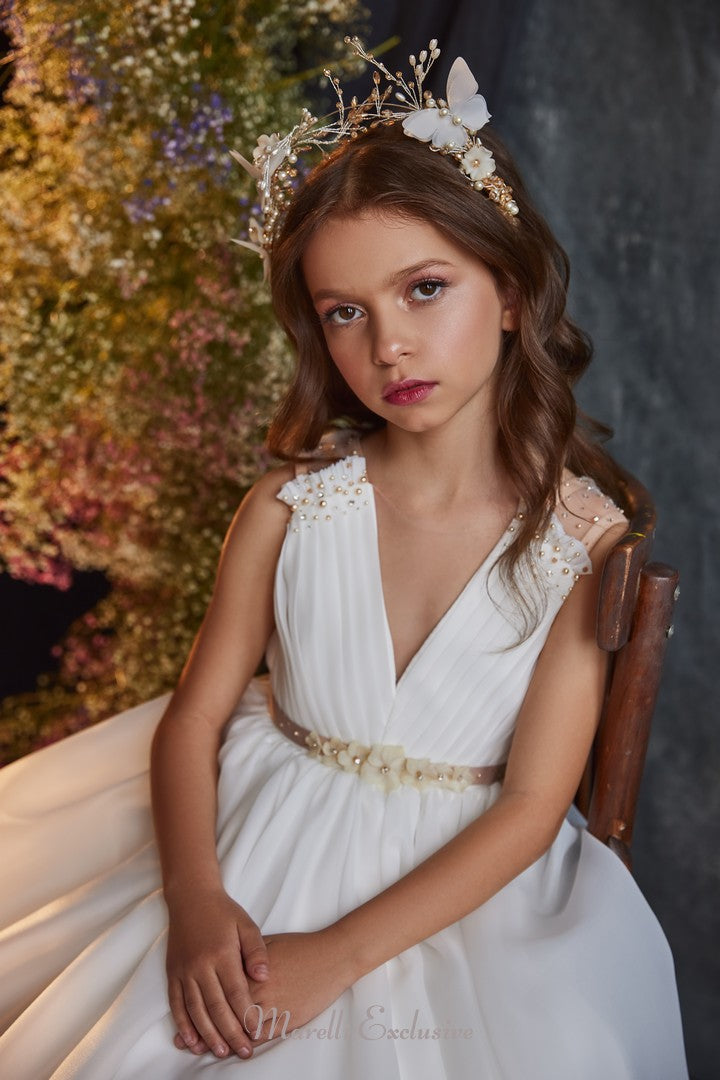 Pentelei 3229 handmade gown with gold detailing and butterfly crown  | Girls Formal Dress