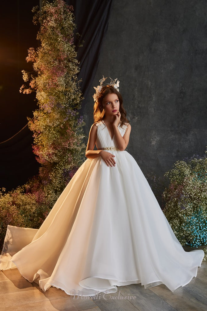 Pentelei 3229 handmade gown with gold detailing and butterfly crown  | Girls Formal Dress