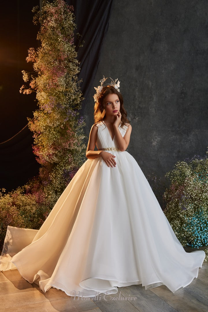 Pentelei 3229 handmade gown with gold detailing and butterfly crown  | Girls Formal Dress