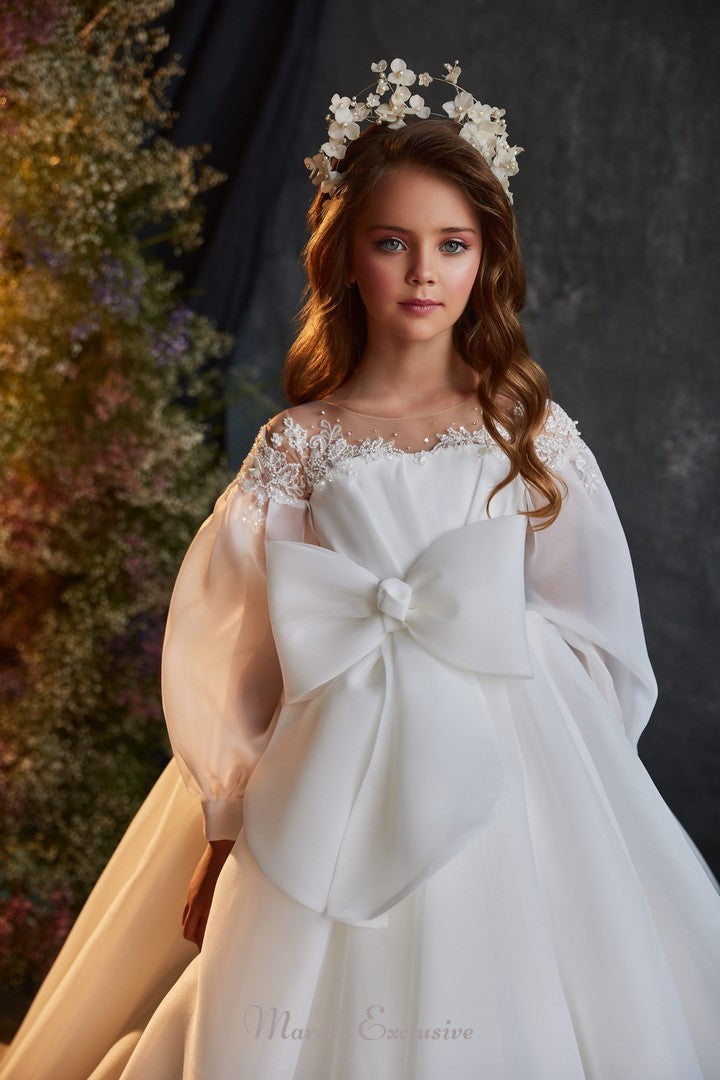 Pentelei 3201 true princess elegance with illusion neckline and long sleeves  | Girls Formal Dress
