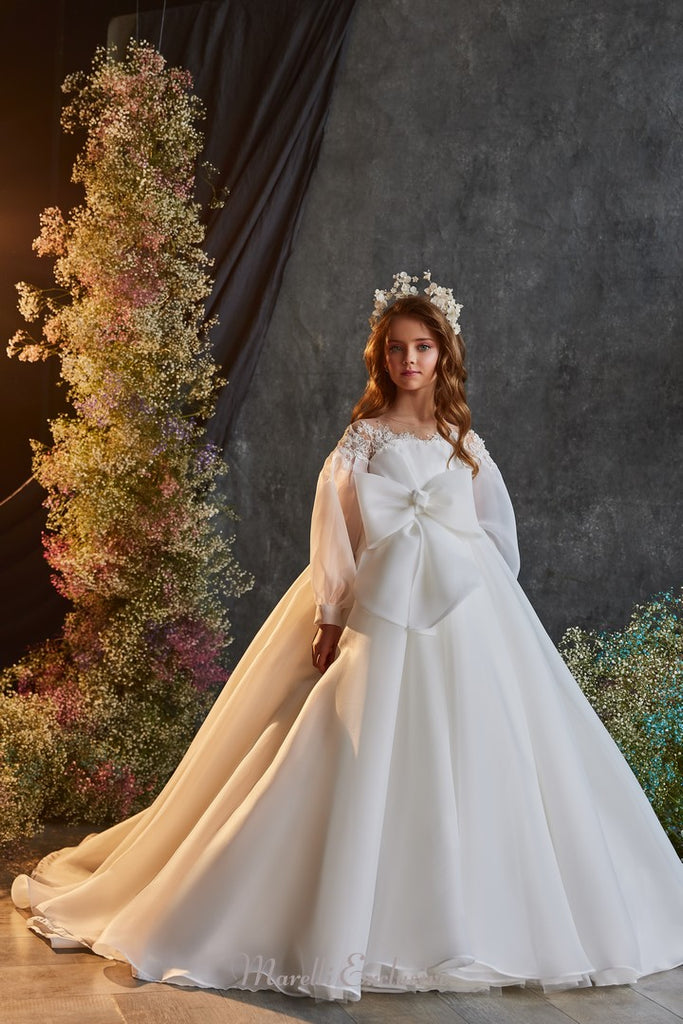 Pentelei 3201 true princess elegance with illusion neckline and long sleeves  | Girls Formal Dress