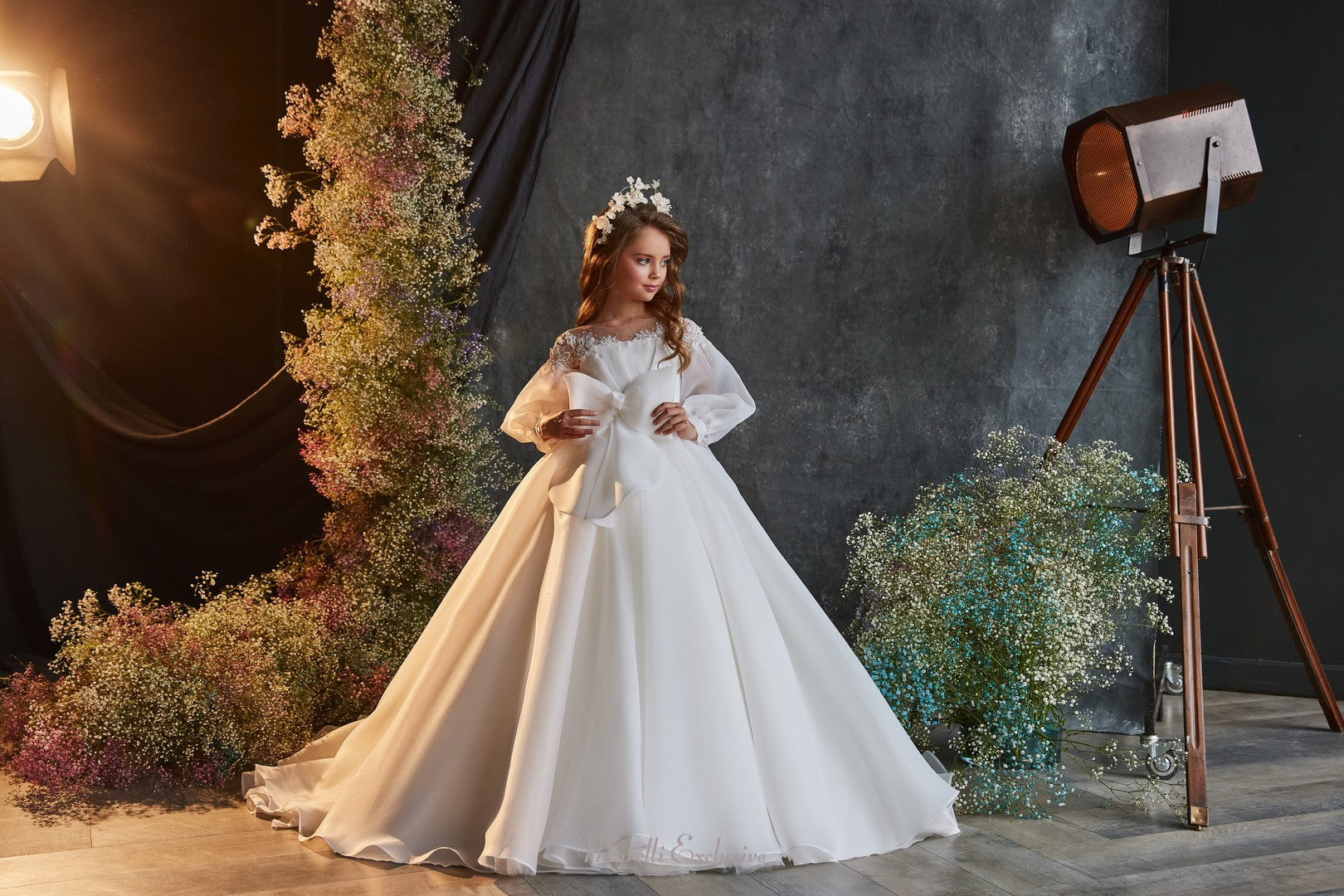 Pentelei 3201 true princess elegance with illusion neckline and long sleeves  | Girls Formal Dress