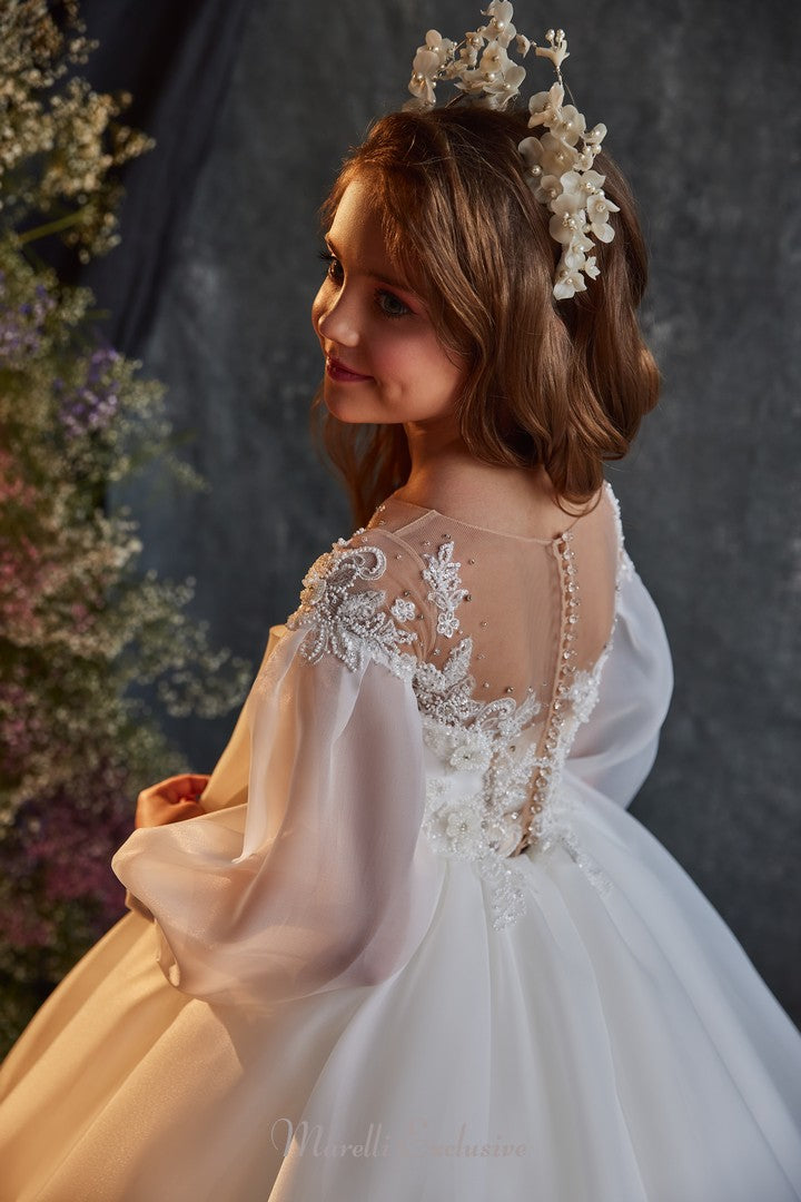 Pentelei 3201 true princess elegance with illusion neckline and long sleeves  | Girls Formal Dress