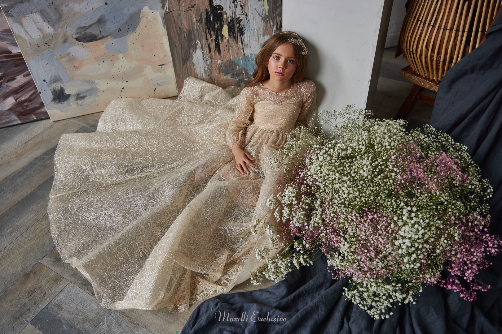 Pentelei 3225 regal elegance with champagne lace and sheer sleeves  | Girls Formal Dress