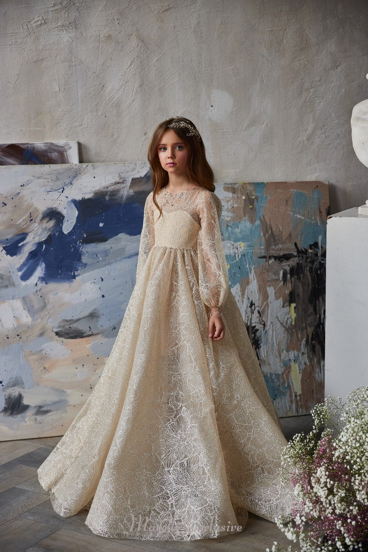 Pentelei 3225 regal elegance with champagne lace and sheer sleeves  | Girls Formal Dress