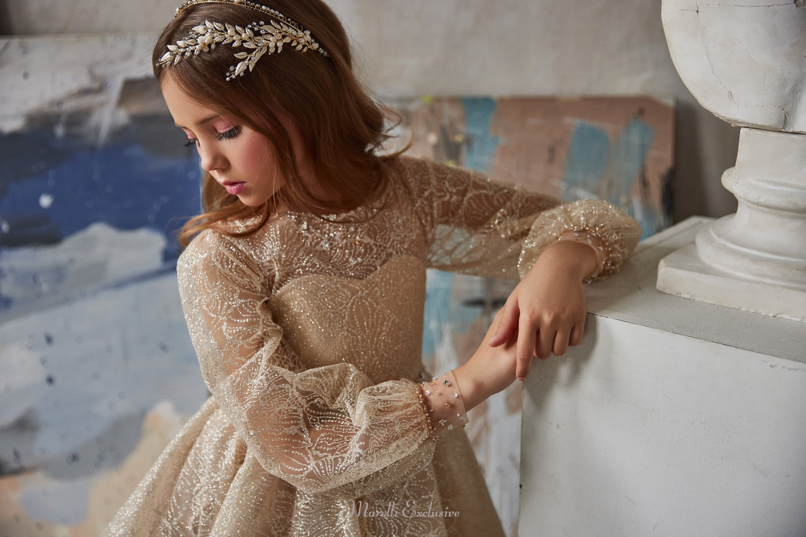 Pentelei 3225 regal elegance with champagne lace and sheer sleeves  | Girls Formal Dress