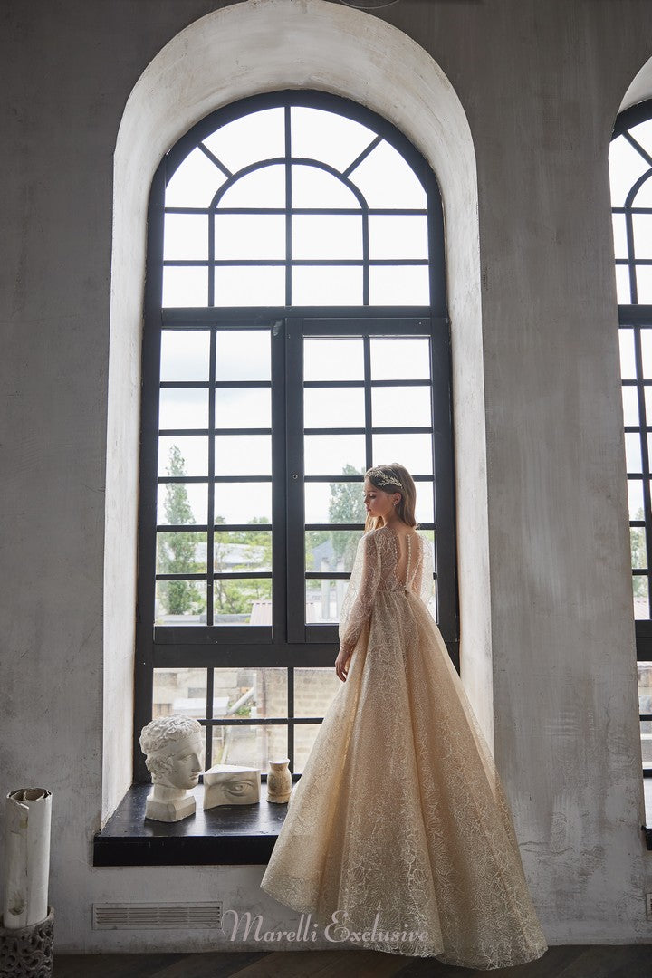 Pentelei 3225 regal elegance with champagne lace and sheer sleeves  | Girls Formal Dress