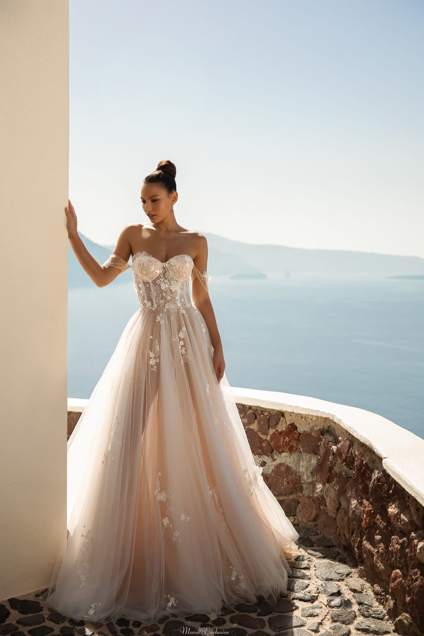 A-line Wedding Dress with Floral Applique Sequins Beads and Pearls Marelli Exclusive A-line Wedding Dress with Floral Applique Sequins Beads and Pearls Marelli Exclusive