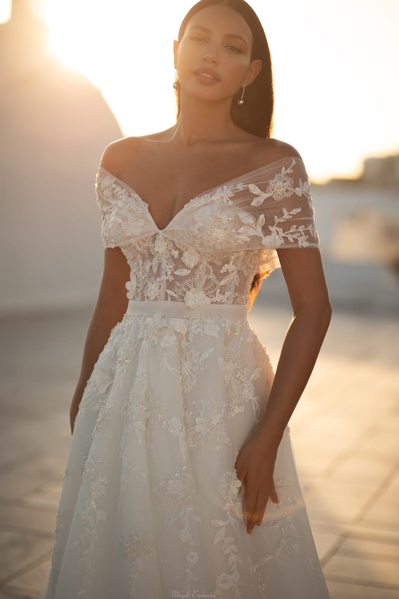 Breathtaking A-line Wedding Dress with Plunging Neckline Open Back and Shoulders Corset Decorated with 3D Flowers Appliques Marelli Exclusive Breathtaking A-line Wedding Dress with Plunging Neckline Open Back and Shoulders Corset Decorated with 3D Flowers Appliques Marelli Exclusive