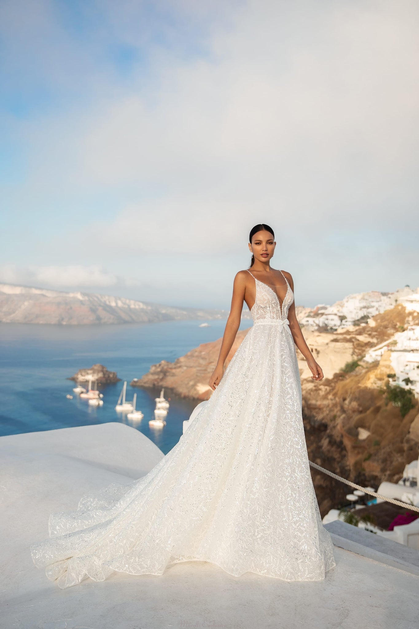 A-line Wedding Dress Made with Luxurious Fabric with Sequins Beads and Pearls. Deep V-neck Corset Marelli Exclusive A-line Wedding Dress Made with Luxurious Fabric with Sequins Beads and Pearls. Deep V-neck Corset Marelli Exclusive