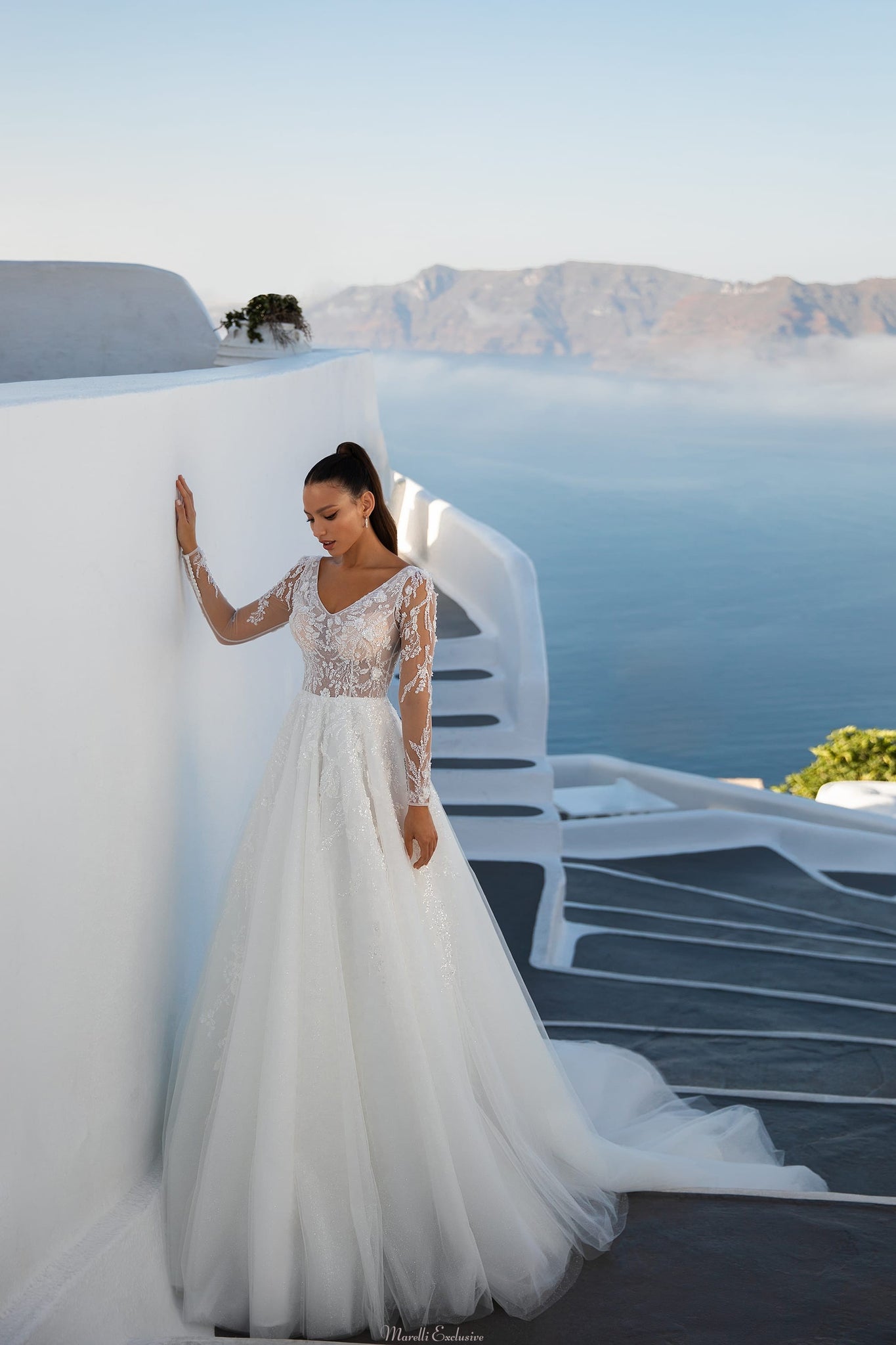 A-line Wedding Dress V-neck Bodice 3D Flowers Beading Sequins Pearl Embroidery Long Train 2 / Ivory A-line Wedding Dress V-neck Bodice 3D Flowers Beading Sequins Pearl Embroidery Long Train 2 / Ivory