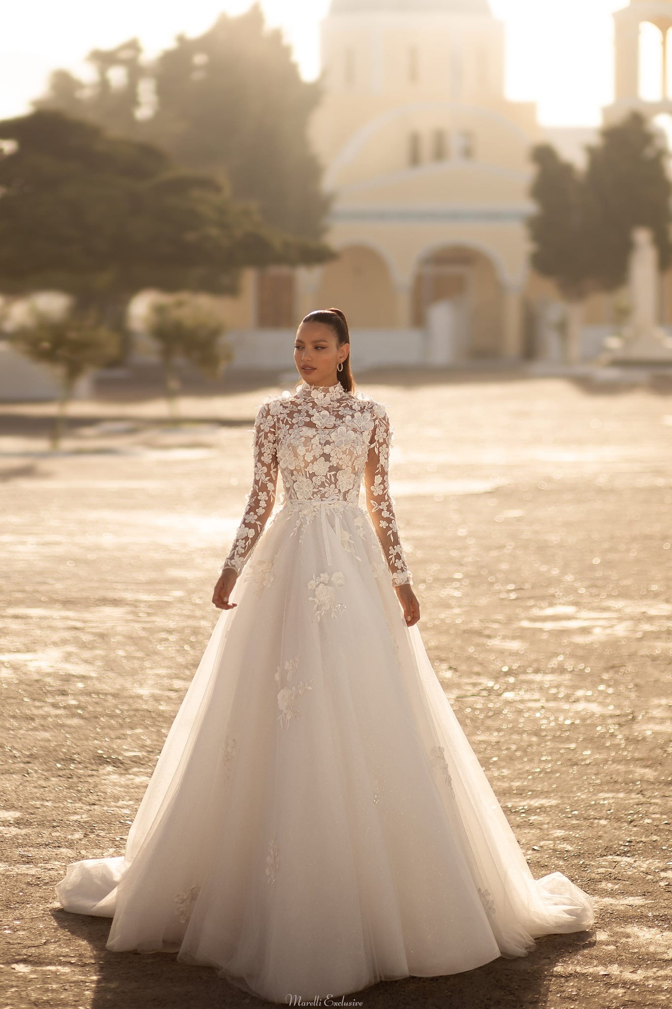 A-line Wedding Dress Adorned with Exquisite Appliques High Neck Long Sleeves full-skirt Marelli Exclusive A-line Wedding Dress Adorned with Exquisite Appliques High Neck Long Sleeves full-skirt Marelli Exclusive