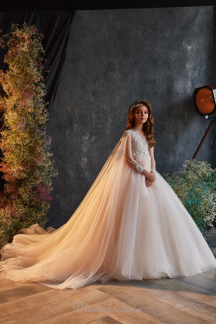 Pentelei 3219 ethereal peach tulle ball gown with intricate details  | Girls Formal Dress
