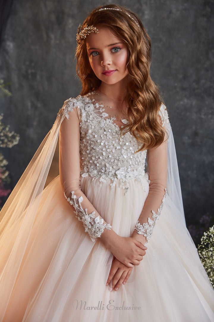 Pentelei 3219 ethereal peach tulle ball gown with intricate details  | Girls Formal Dress