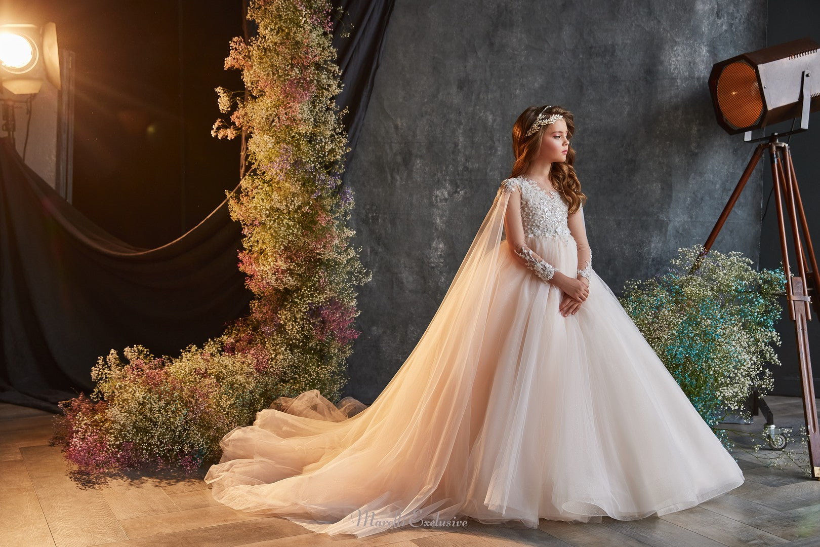 Pentelei 3219 ethereal peach tulle ball gown with intricate details  | Girls Formal Dress