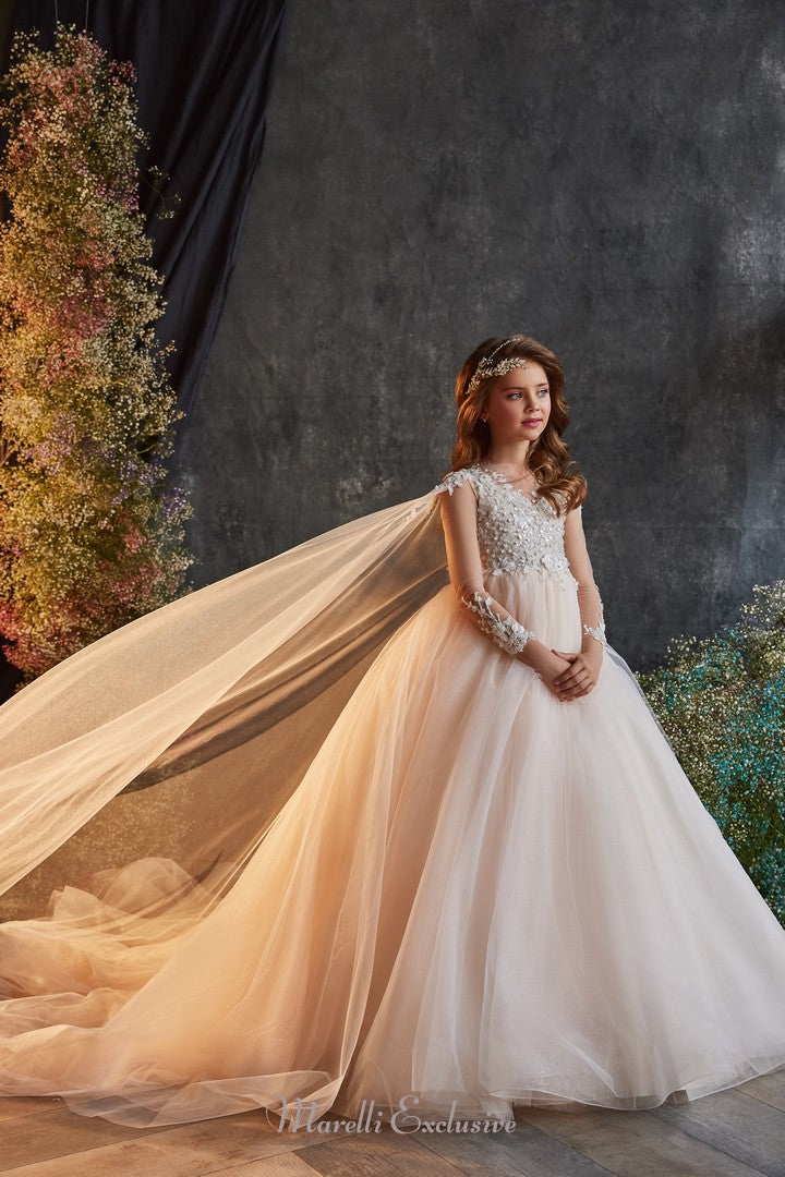 Pentelei 3219 ethereal peach tulle ball gown with intricate details  | Girls Formal Dress