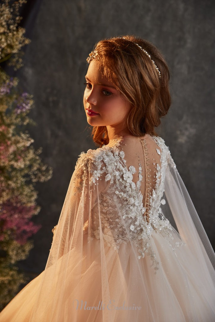 Pentelei 3219 ethereal peach tulle ball gown with intricate details  | Girls Formal Dress