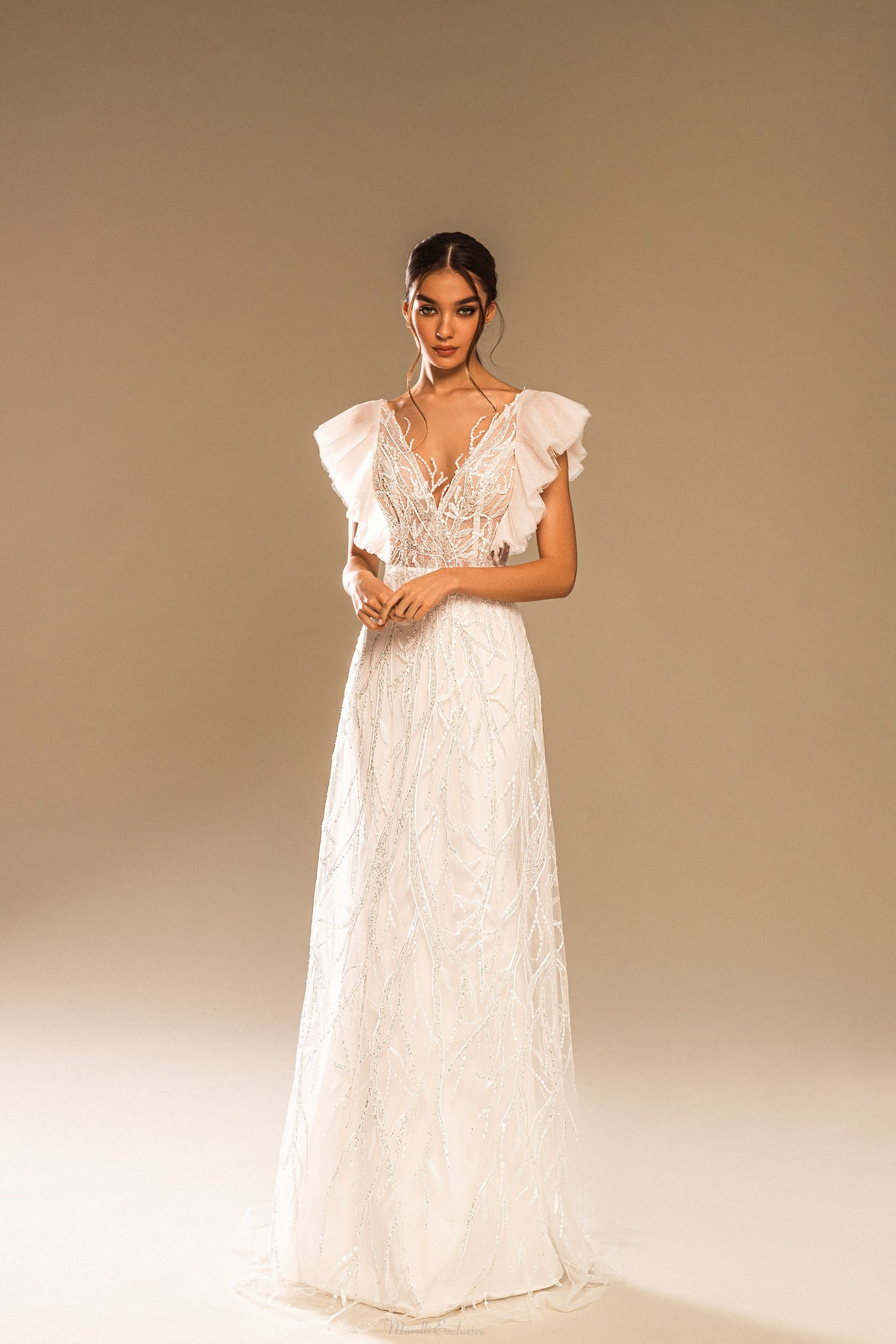 wedding dress with sheer puff sleeves Puff Sleeve Wedding Dresses & Gowns with High Sheer Neck and Back Rosymae